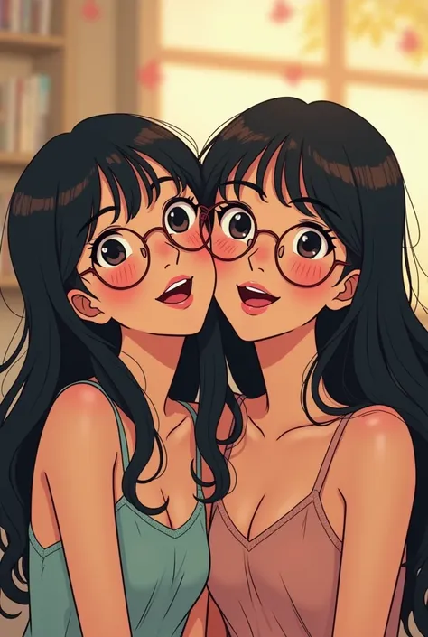 (anime) (retro) Two friends laughing, They are both thin and have black hair., one with very long hair and the other with medium hair. both pretty and young, both wear glasses.