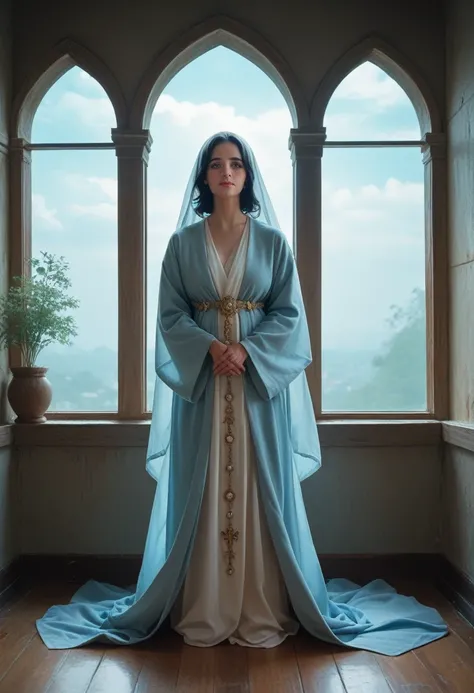 Mother of Jesus, black hair and green eyes, light brown skin, wearing a light blue robe, and a sky blue veil, a serene expression that brings peace (full body) near a window, illuminated by the moon (magnificent and realistic)