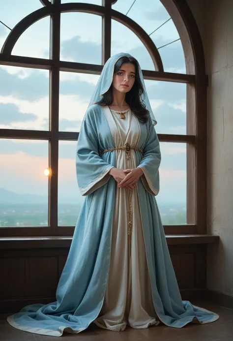 Mother of Jesus, black hair and green eyes, light brown skin, wearing a light blue robe, and a sky blue veil, a serene expression that brings peace (full body) near a window, illuminated by the moon (magnificent and realistic)