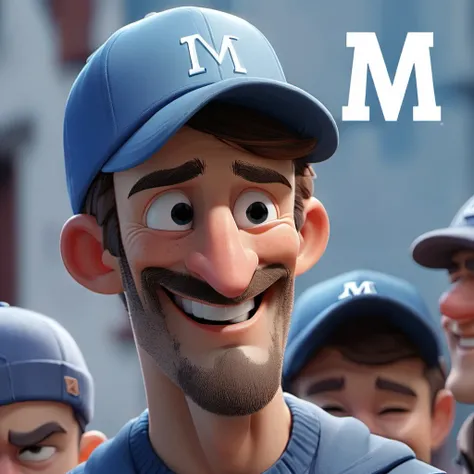 Male cartoon character of a man with a short beard, small but filled, smiling, ideal nose, with a blue cap with the letter M also blue outlined in white on the front of the cap.