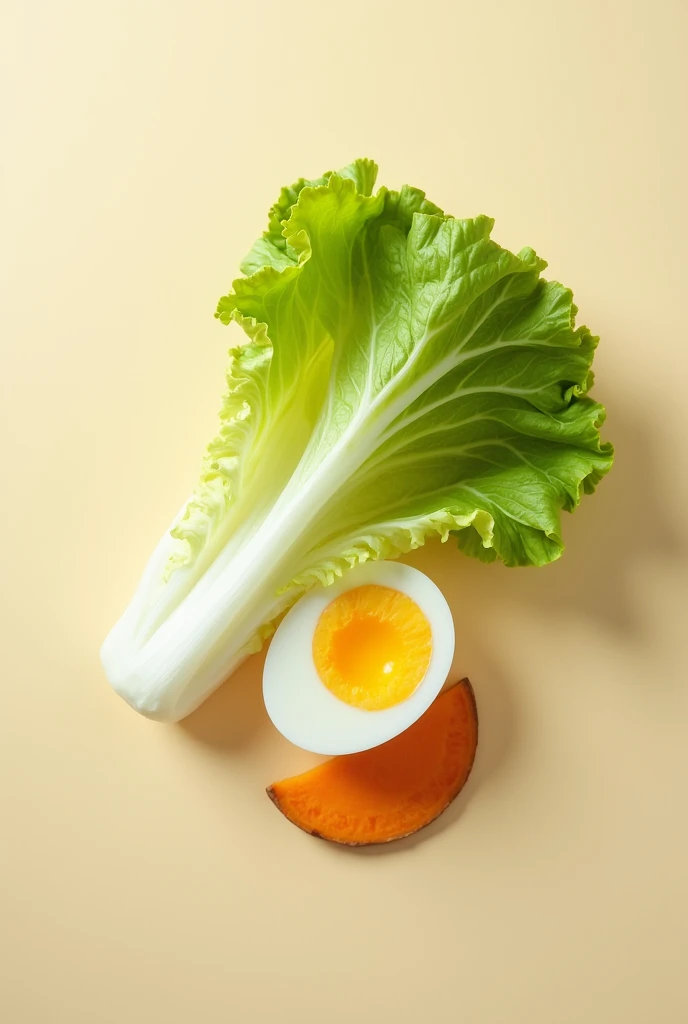 A photo in size 9:16, of one that has a lettuce leaf and a boiled egg and a small piece of sweet potato with a top view 