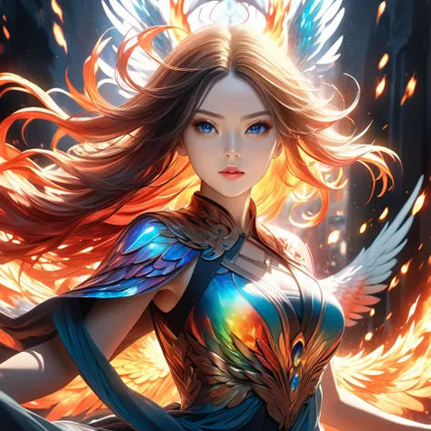 mythical goddess phoenix, Feathers of Fire, throwing sparks, wings in flame, flying through chaos, ethereal and divine, photorealistic, 8 K, hyper-detailed, dramatic lighting, bright colors, surreal and abstract, fire holographic effects, dynamic movement ...