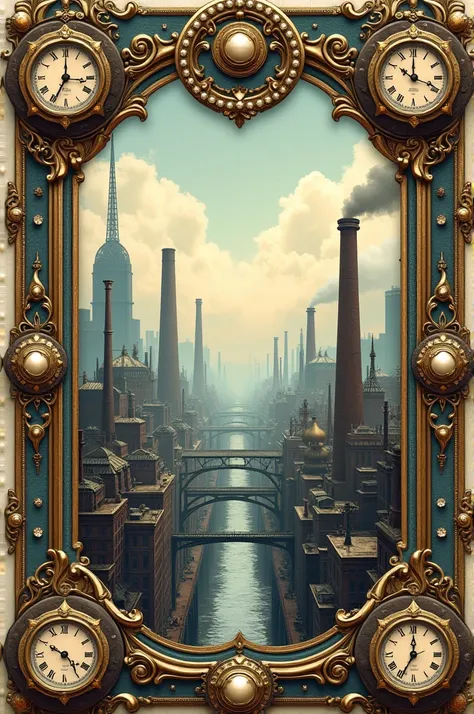 Create a Victorian-era postcard with an ornate frame featuring antique clocks, small pearls, buttons and filigree, The postcard will be an industrial city, with buildings with chimneys, factories bridges and old machines 