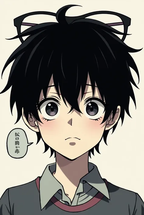 a manga type boy with black hair and dark circles in a background with glasses 