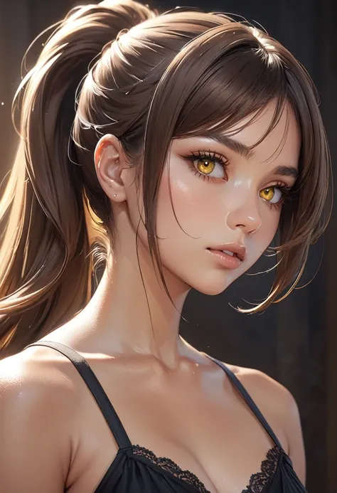 ((best quality)), ((Masterpiece)), (details), woman, (Medium bust, brown hair, yellow eyes, ((long hair, ponytail)) , beautiful face, (Tanned skin:1.3) , Long eyelashes, Thick eyelashes), digital art, digital illustration, 4K, 8K,super detailed, beautiful ...