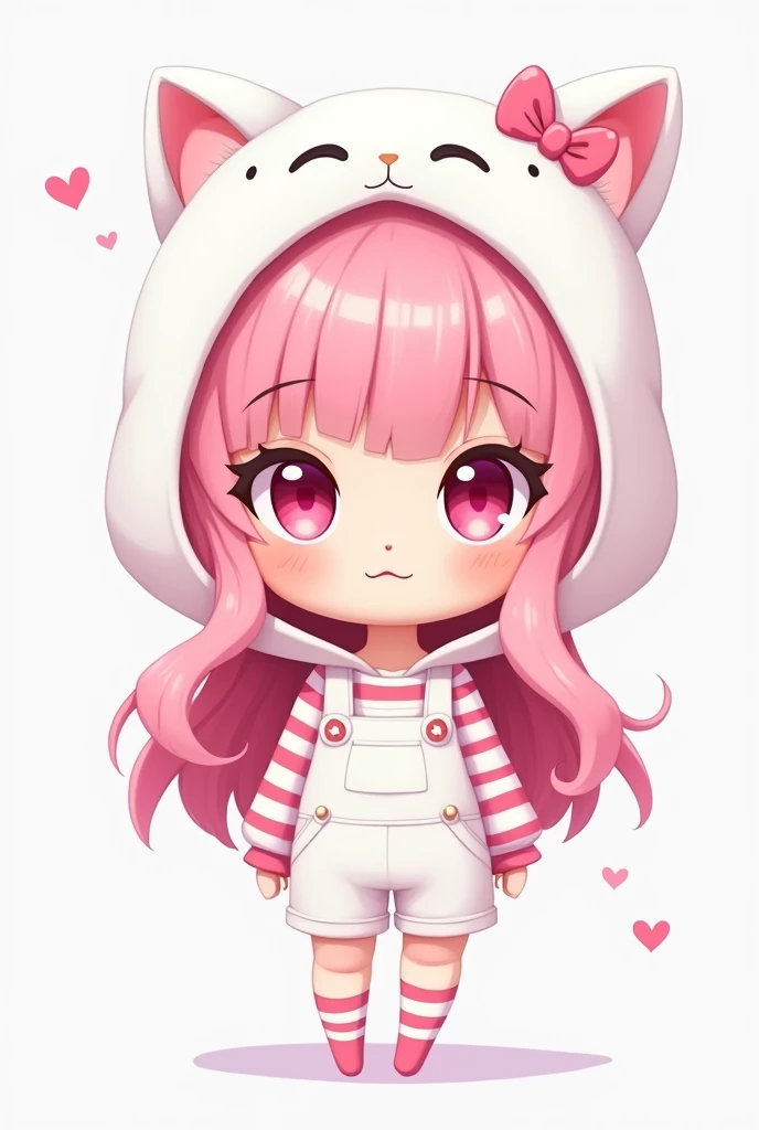 pale skinned female character, pink eyes, white cat hood with pink bow, pink and white striped long sleeve shirt, Long pink hair, white overalls, white shorts, pink and white striped socks, 2D caricature style
