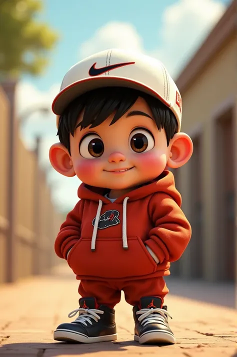 Pixar style poster Dwarf boy chubby build with Jordan clothes short black hair and side bangs with Nike cap big ears dark brown eyes