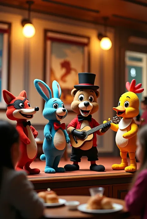 pizzeria with singing animatronics,cheering up children and the animatronics are a red fox with an eye patch and a hook, bear with a top hat and a black bow tie i microphone, blue rabbit with a red bow tie and a guitar and a yellow chicken with a bib and a...