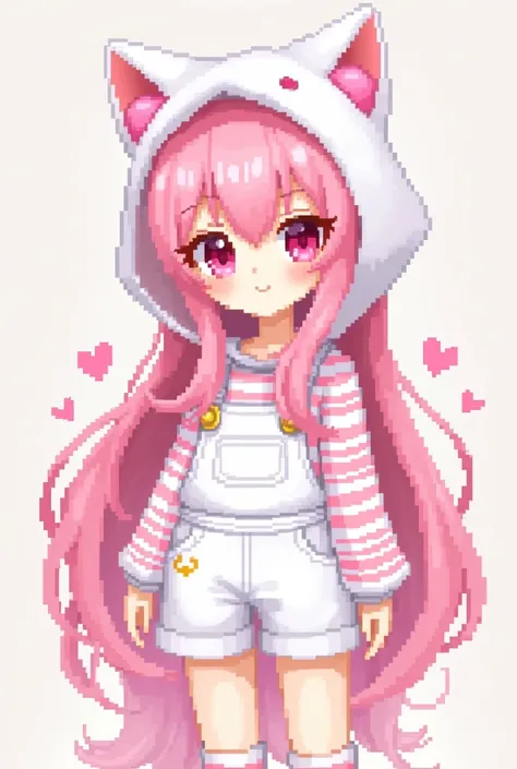 pale skinned female character, pink eyes, white cat hood with pink bow, pink and white striped long sleeve shirt, Long pink hair, white overalls, white shorts, pink and white striped socks, pixel art style
