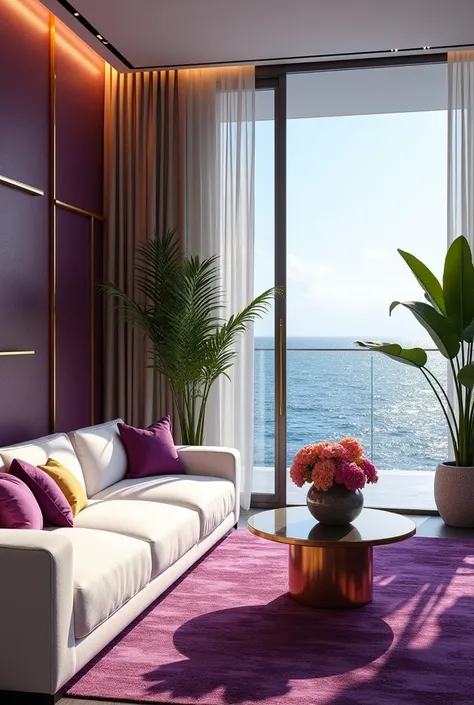 a luxurious modern living room with a white sofa, dramatic lighting, multicolored walls with gold and purple accents, large windows overlooking the sea, indoor tropical plants, and an expensive vase with beautiful flowers