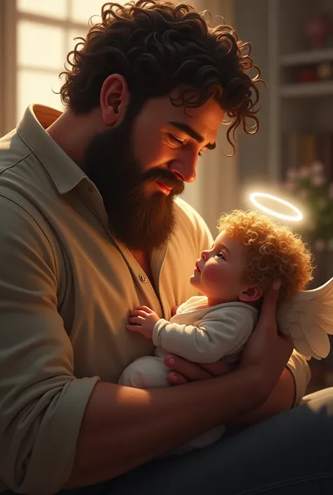 A tall, big dad with curly hair and a baby who is an angel with curly hair, she is also a girl