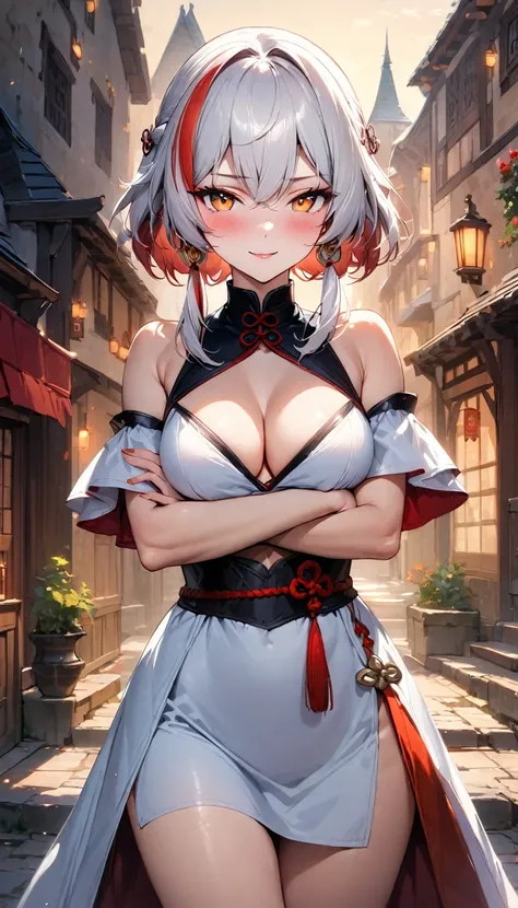 (masterpiece),(best quality),(ultra-detailed),(best illustration),(best shadow),(absurdres),(detailed background),(very aesthetic), changli(wuwa), 1girl, breasts, solo, dress, cleavage, orange eyes, looking at viewer, bare shoulders, white dress, medium br...