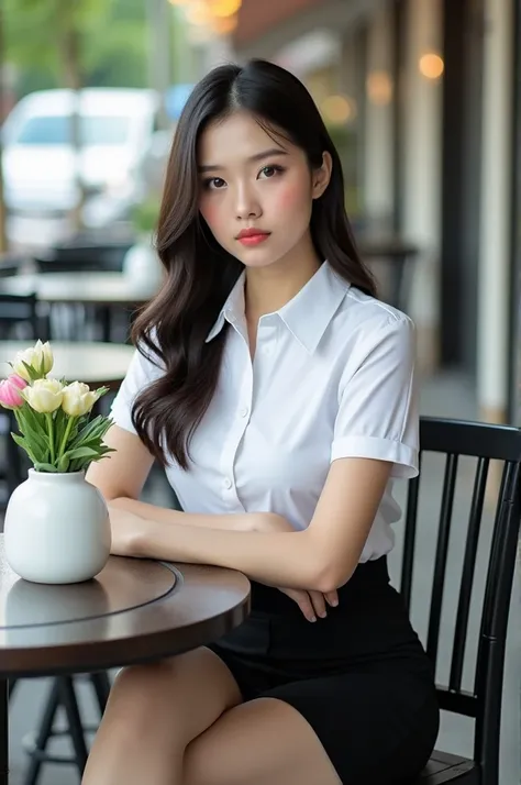 The image shows a young woman sitting on a black chair in an outdoor cafe.She is wearing a white collared shirt and a black short skirt. She has long dark hair and is looking directly at the camera with a serious expression. On the table in front of her, t...