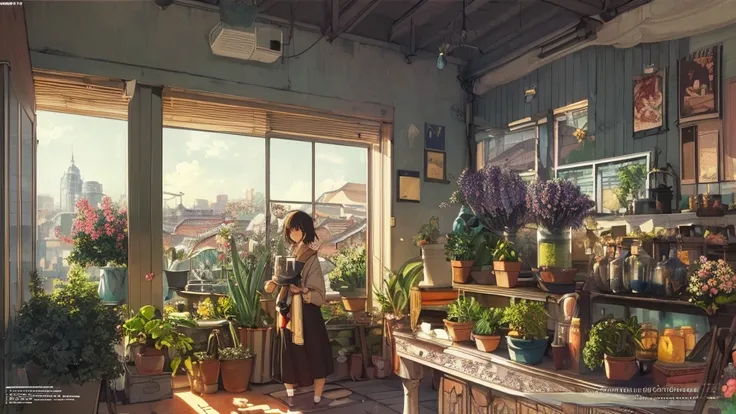 masterpieceThe best quality,masterpieceThe best quality,official art,Extremely detailed CG Unity 8k wallpaper,Light retro color,rice print style,Illustration,Beautiful,1 girl,flores,windowsill,flowerpot,Drink coffee,.