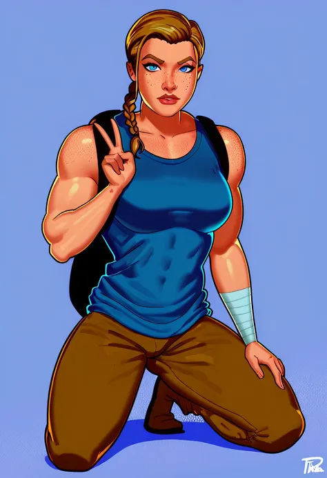 score_9,score_8_up,score_7_up BREAK abbySDXL,1girl,solo,long hair,looking at viewer,blue eyes,dark blonde hair,shirt,braid,pants,backpack,tank top,freckles,brown pants,muscular,bandages,bandaged arm,cowboy shot,street background,kneeling, v