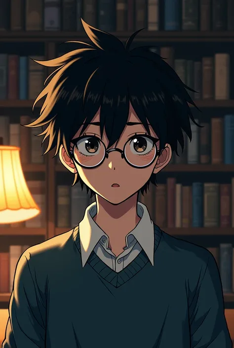 a manga type boy with black hair and dark circles wearing glasses in a library background 