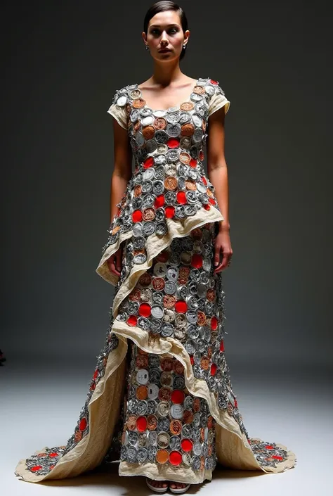 I want to create a TRASHION SHOW dress for women that the design relates to any mathematics and the materials used are recyclable materials specifically bottle caps and plastic and sack 
