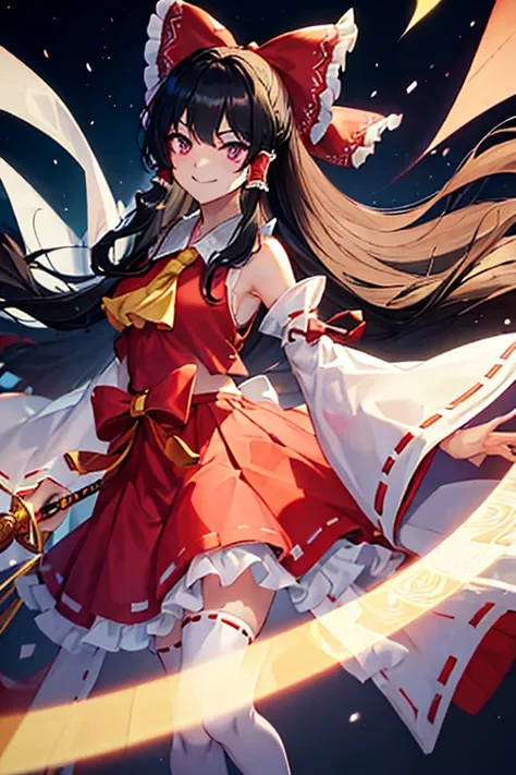 2girl,(✨💎:1.4),(hakurei reimu),((black hair,long hair,hair bow ascot hair tubes miko detached sleeves,braun eyes,looking afar,magical light effect,)) (((smile))),full body,Standing on the left side,
((black hair,long hair,hair bow ascot hair tubes miko det...