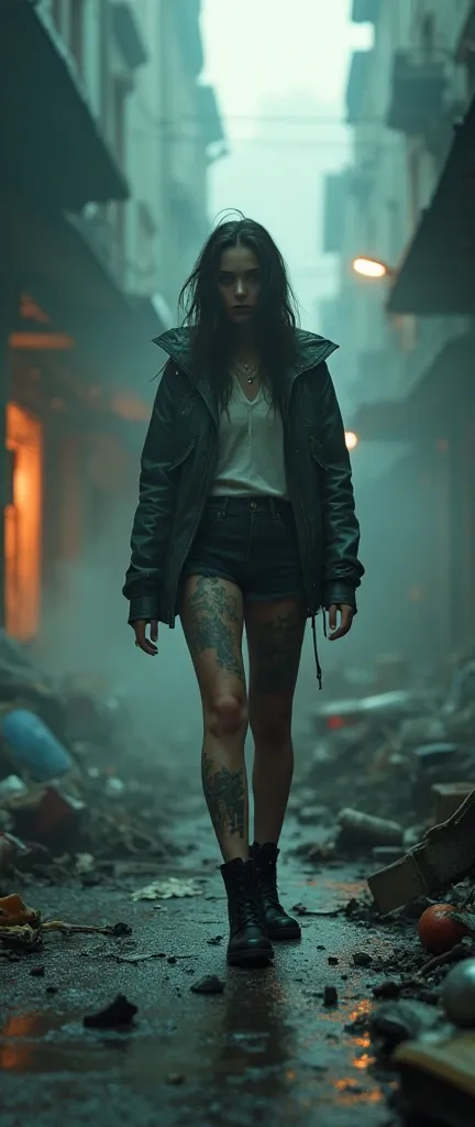 [Scene from Still Cine Portrait], [ smart girl in the middle of the mess, Tattoo, intricately detailed living city], cinematic realism, [Action TV SHOW], high action pose, badass, busy, insanely detailed filthy place, full of junk, chaos, perfect pupils, i...