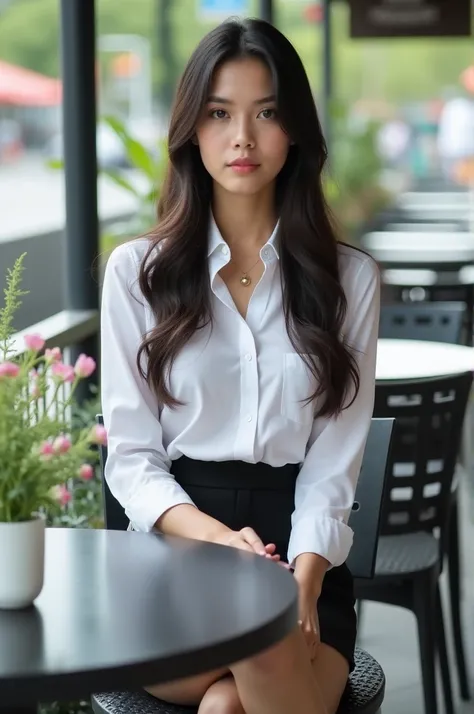 The image shows a young woman sitting on a black chair in an outdoor cafe.She is wearing a white collared shirt and a black short skirt. She has long dark hair and is looking directly at the camera with a serious expression. On the table in front of her, t...