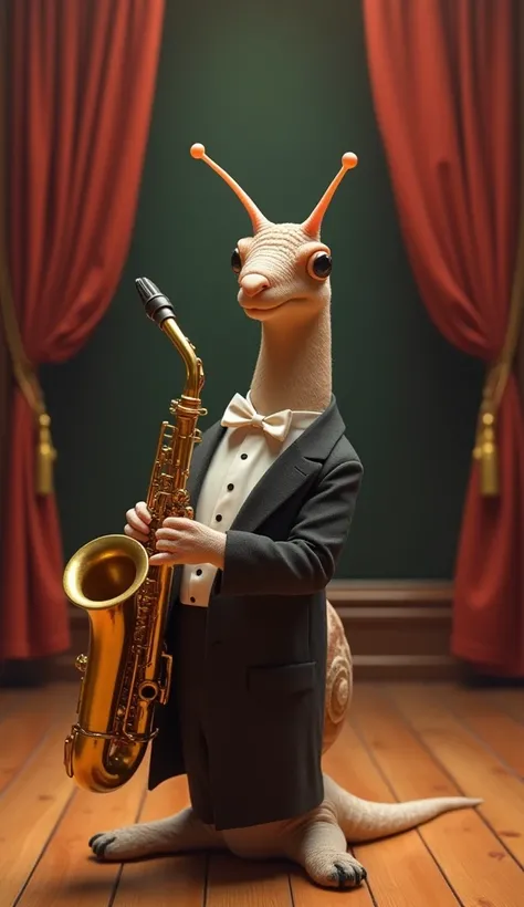 A snail dressed as an orchestra conductor playing the saxophone