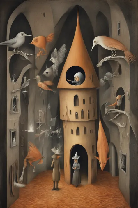 Remedios Varo Style - A surreal scene with unusual characters, mix the styles of Lenora Carrington, Remedios Varo and Frieda Khalo and MC Escher. A mysterious and magical invention.