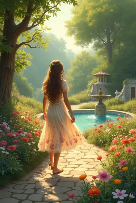 Create me a beautiful, cute woman with long flowing hair, wearing a soft pastel sundress with delicate floral patterns. Shes walking through a picturesque garden with colorful blossoms all around, the sun shining gently through the leaves, creating a warm ...