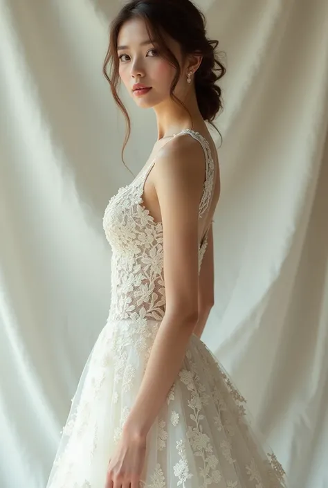 Woman dressed in lace wedding dress ,Lean body