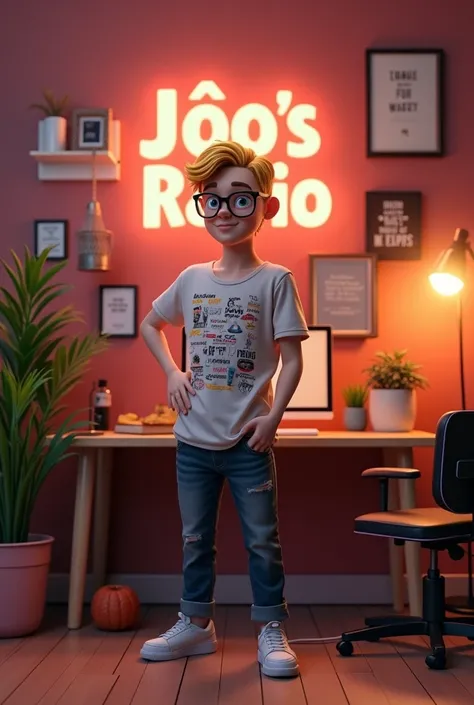 The background can have the name of the podcast "John&#39;s Radio" in Portuguese in fun typography. comfortable, modern furniture like a light wood table and black chair with lilac accents add personality. Warm lighting with subtle LED lights creates a coz...