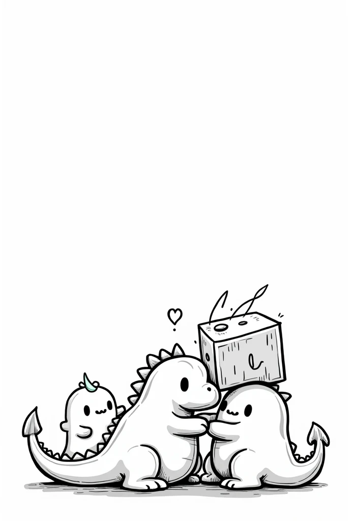 (all creatures are cute:1.9),a cute dragon, a Cube Monster, cute ghosts, (three creatures stacked on side of each other:1.9), whole picture full of creatures,  black and white line art, thick outline, cartoon style, professional, Edge to Edge, from edge to...