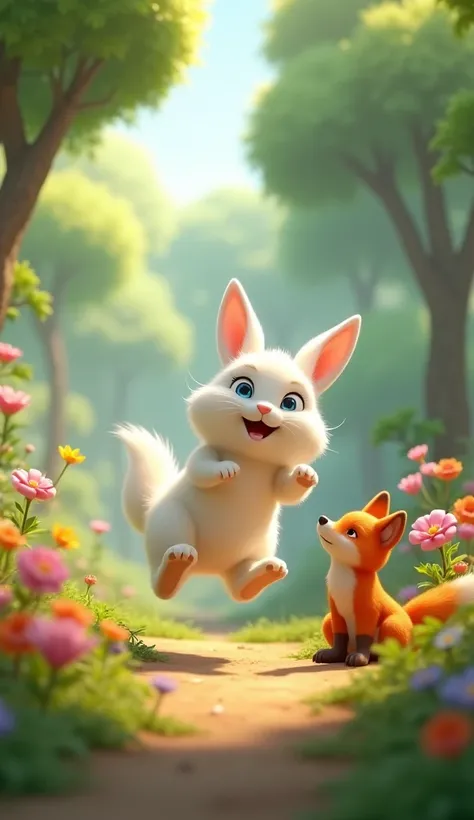 A determined, cute white bunny tries to jump but fails. He is surrounded by colorful flowers and tall trees in a calm forest. The orange fox, with an encouraging look, watches from a distance. Sunlight filters through the leaves of the trees. 3D,disney, Pi...