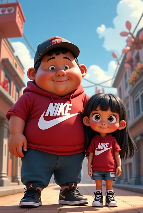 Poster pixar style dwarf man chubby complexion with Jordan clothes short black hair and side bangs with Nike cap big ears dark brown eyes dark Jordan sneakers dwarf girl long black hair with bangs dressed in Jordan Jordan sneakers honey colored eyes brunet...