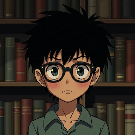 an 1 manga type boy with black hair with pronounced dark circles wearing glasses with a serious look in a library background 