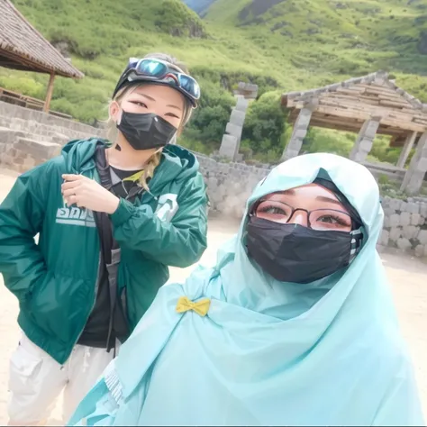 they are wearing masks and standing in front of a stone wall, wearing mask, wearing facemask, vacation photo, in volcano, in background, wearing facemask and sunglasses, hidari and vlop, with wart, selfie, scandy and arender, 😭 🤮 💕 🎀, at instagram, taken o...