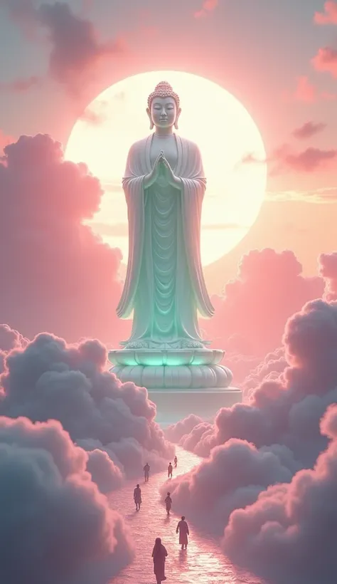 （（masterpiece）），（最high quality）），Chinese style sky、The clouds form a giant transparent and shining white jade Maitreya Buddha statue、Thick Clouds、The sun is shining、Pilgrims&#39; Path，Surreal，Ultra-photorealism、pink、8k，High definition，high quality