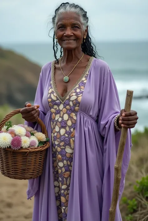 Image of an elderly black woman, with an air of wisdom, wearing a long lilac dress with details of shells and seaweed. In her right hand she carries a basket of flowers and in the other hand a wooden staff.