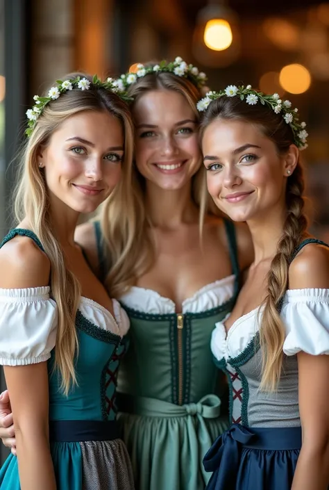 Realistic upper body portrait of three young german blonde haired woman aged 23, long hair, ponytaile, flowerhair, necklace, smile. She poses in front of the camera in a blue, green and grey shiny silk Dirndl with off shoulder straps..., Weddingparty,glamo...