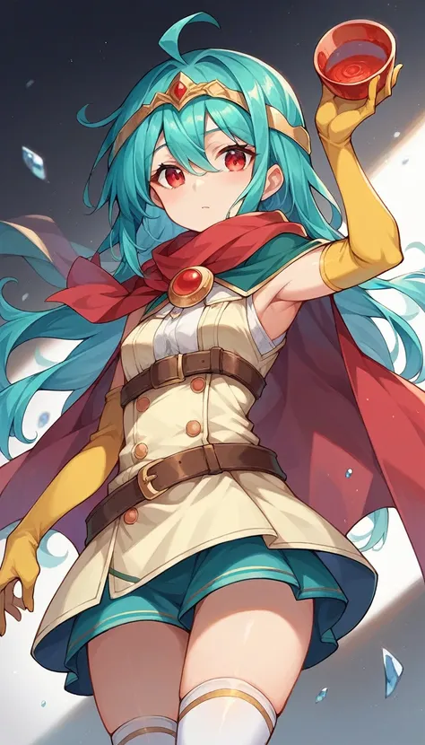 Score_9, Score_8_superior, Score_7_superior, sauce_anime,
dqSage, Sage, Ahoge, Aqua Hair, Red eyes, Long Hair,
belt, buckle, Cape, Capelet, Circlet, Cape, dress, elbow gloves, gloves, scarf, short dress, Sleeveless, Sleeveless dress, Knee-high socks, yello...