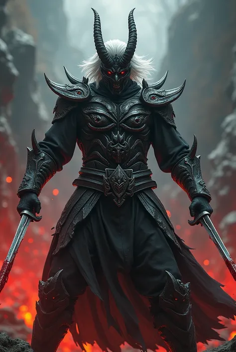 (photoralism:1.2), Very detailed, Ultra-high resolution, High Contrast, masterpiece, Hellish arena scene, full face mask, man, detailed demon armor, fighting pose, white hair, white skin, bloody, holding hellish knives, scary,