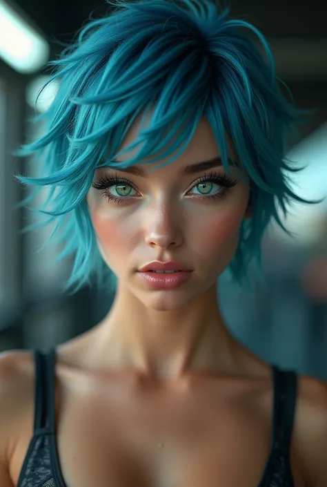 (blue hair:1.4), short hair, realistic green eyes, cobalt hair, long bob hair, tousled hair, shoulder length hair, Full body, woman with white skin and Asian features, 2, big breast. She has a small, elegant nose with a slight upward curve at the tip. Her ...