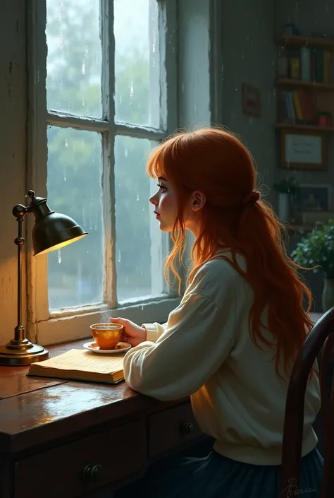 A girl with marsala hair sitting at a desk, looking out the window while it rains and she writes in a diary and drinks tea
