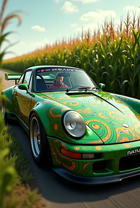 (work of art, best quality), 8k,(((very detailed))), racing:1.8,Super intricate racingpattern,colorful racingpattern,a green porsche in a bright yellow and orange cornfield (windings,blond),