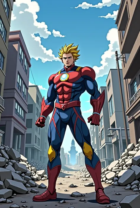 All Might, hero-like, high quality, anime-like, a little bit like Ultraman, the town looks destroyed