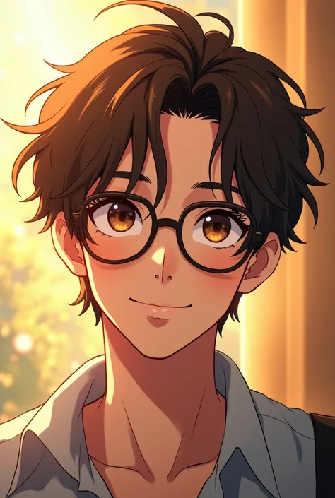 Sexy cute messy brown hair man 30s brown eyes glasses anime cute pretty golden hour