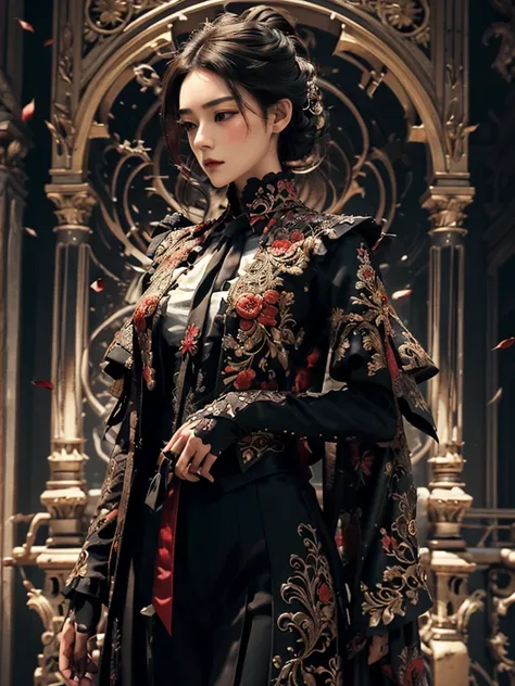 1girl,solo, full body,

The jacket is a luxurious combination of matte black and deep, blood-red satin, with a sharp, structured silhouette that speaks to both power and refinement. Intricate, dark red embroidery weaves along the lapels, shoulders, and sle...