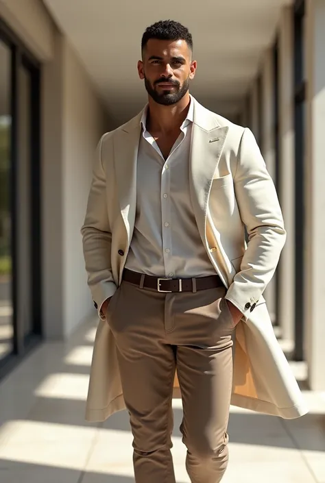 realisticic, Lebanese man, bodybuilder and handsome, smiling , strong and muscular legs, big lump, casual dress, Oxford Shirt, Elegant white and beige trench coat Elegant and fashionable, Perfect face, perfect eyes, with beard, sexy, realistic,, , close up...