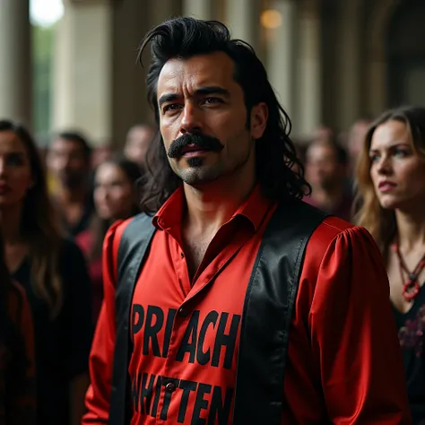 A male Cult leader with a mullet haircut and handle bar moustache wearing a red and black silk robe with PREECH whitten across it, photographed, photorealistic, hyper-realistic 