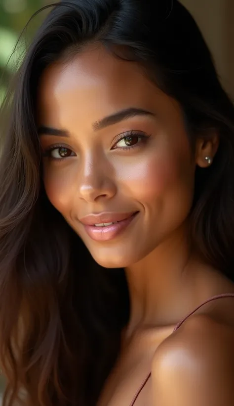 A stunning photo portrait of a beautiful and diverse woman, her features a harmonious blend of various ethnicities. Her skin glows softly under the gentle, flattering lighting that highlights the natural textures and tones of her face. Her hair flows freel...