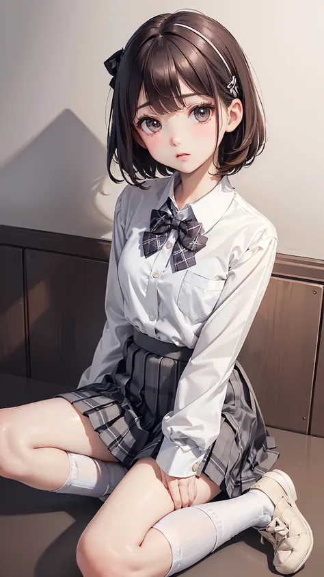 1 girl, Solo, Cute Girl, petite, Best Quality, Ultra-detailed, 8K, High resolution, Detailed face, dark brown hair, bob hair, (((tareme:1.5, downer))), (((school uniform, white collared shirt, bowtie, pleated skirt, gray skirt, plaid skirt, long skirt, whi...