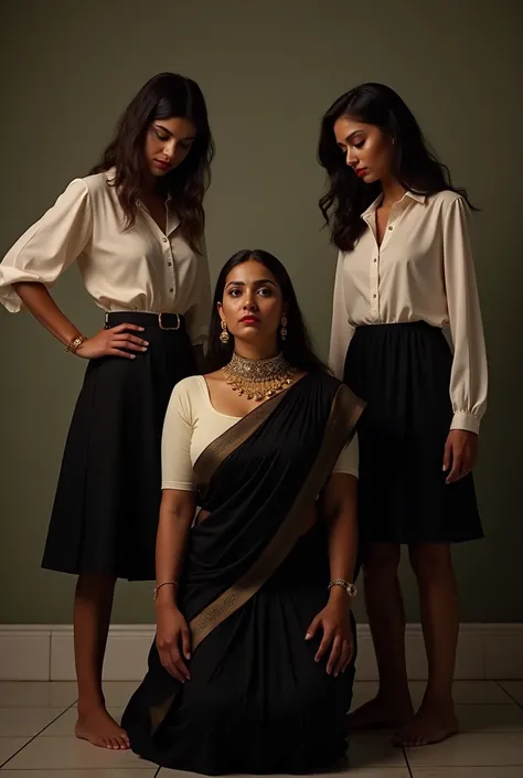 Kneeling Sexy submissive 40 year old indian milf with big  (bdsm metal collar) in black saree white blouse and gold jewellery  with two dominant standing teenage daughters in white blouse and black skirt 